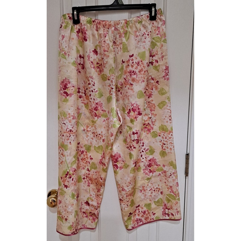 Oscar de la Renta Cherry Blossom Satin Pajama Set Sleepwear Floral Pink Green L - Picture 6 of 6